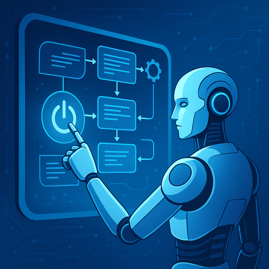 Buildt Academy Opiniones 2025 – ¿Es estafa o realmente merece la pena este curso de IA y Automatización? Ilustración futurista de un robot usando una pantalla para automatizar procesos, representando el curso Buildt Academy de Inteligencia Artificial y Automatización