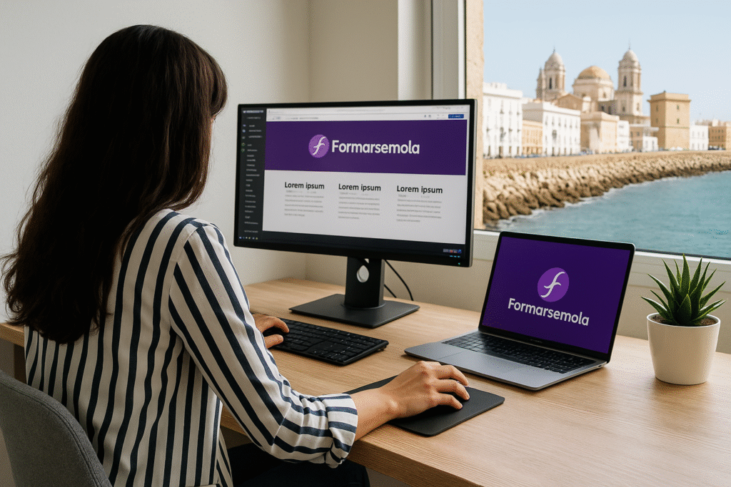 Quien soy Diseñadora web trabajando en su escritorio, con vista al mar de Cádiz, representando el inicio de su viaje al mundo digital y sus opiniones cursos online