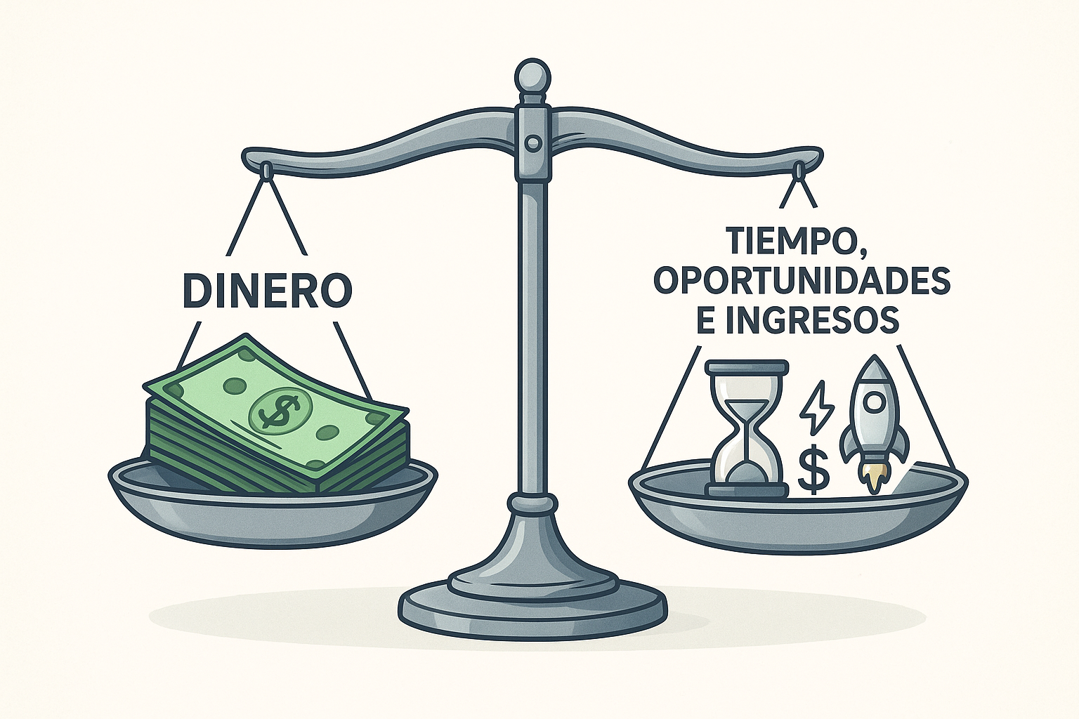 Buildt Academy Opiniones 2025 – ¿Es estafa o realmente merece la pena este curso de IA y Automatización? Ilustración de una balanza comparando dinero frente a tiempo, oportunidades e ingresos, representando la inversión en Buildt Academy