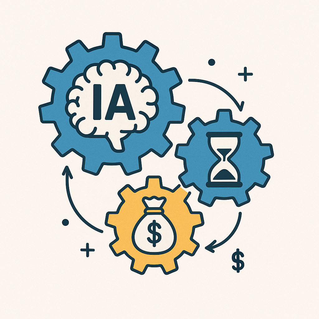 Buildt Academy Opiniones 2025 – ¿Es estafa o realmente merece la pena este curso de IA y Automatización? Ilustración de engranajes conectados con iconos de inteligencia artificial, dinero y tiempo, simbolizando el sistema de automatización de Buildt Academy