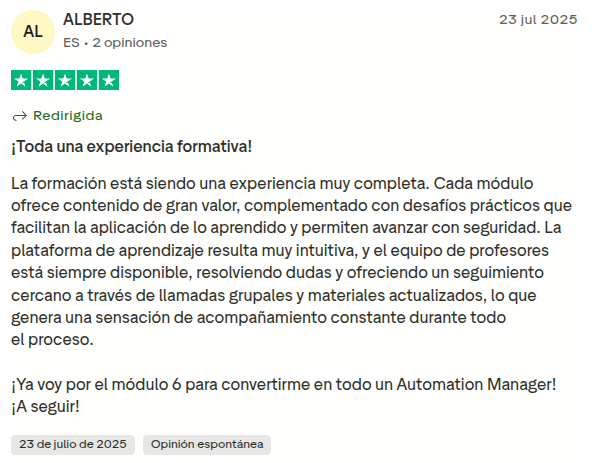 Buildt Academy Opiniones 2025 – ¿Es estafa o realmente merece la pena este curso de IA y Automatización? Opinión de Alberto sobre Buildt Academy resaltando la formación completa y el acompañamiento constante hasta el módulo 6