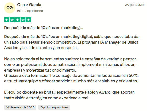 Buildt Academy Opiniones 2025 – ¿Es estafa o realmente merece la pena este curso de IA y Automatización? Testimonio real de al Oscar sobre Buildt Academy destacando el valor práctico y la claridad de la formación en IA y automatización
