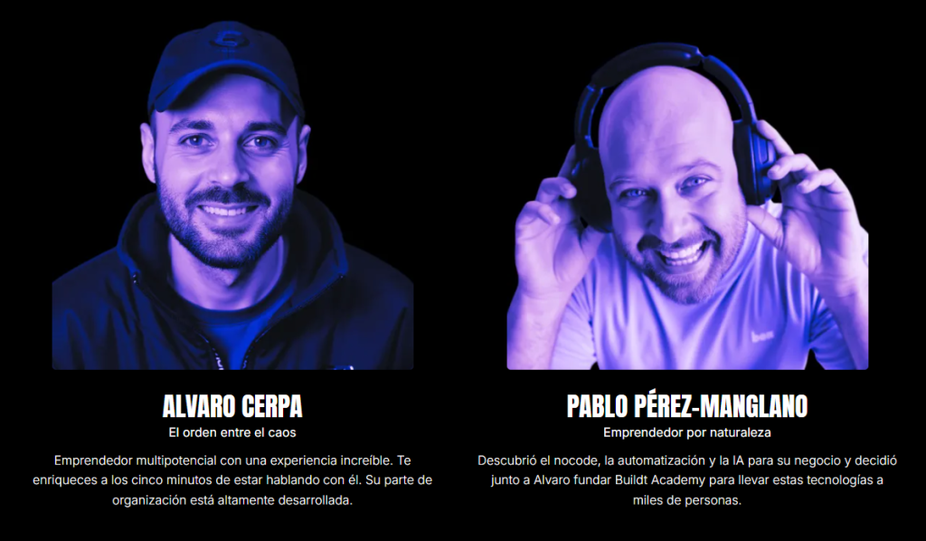 Buildt Academy Opiniones 2025 – ¿Es estafa o realmente merece la pena este curso de IA y Automatización? Foto de Pablo Pérez-Manglano y Álvaro Cerpa, fundadores de Buildt Academy especializados en inteligencia artificial y automatización