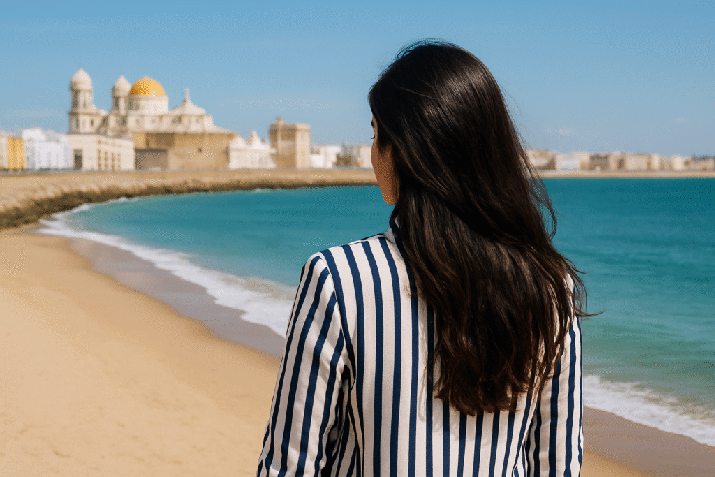 Quien soy Ana Pérez, creadora de Formarsemola, de espaldas mirando el mar en la playa de Cádiz