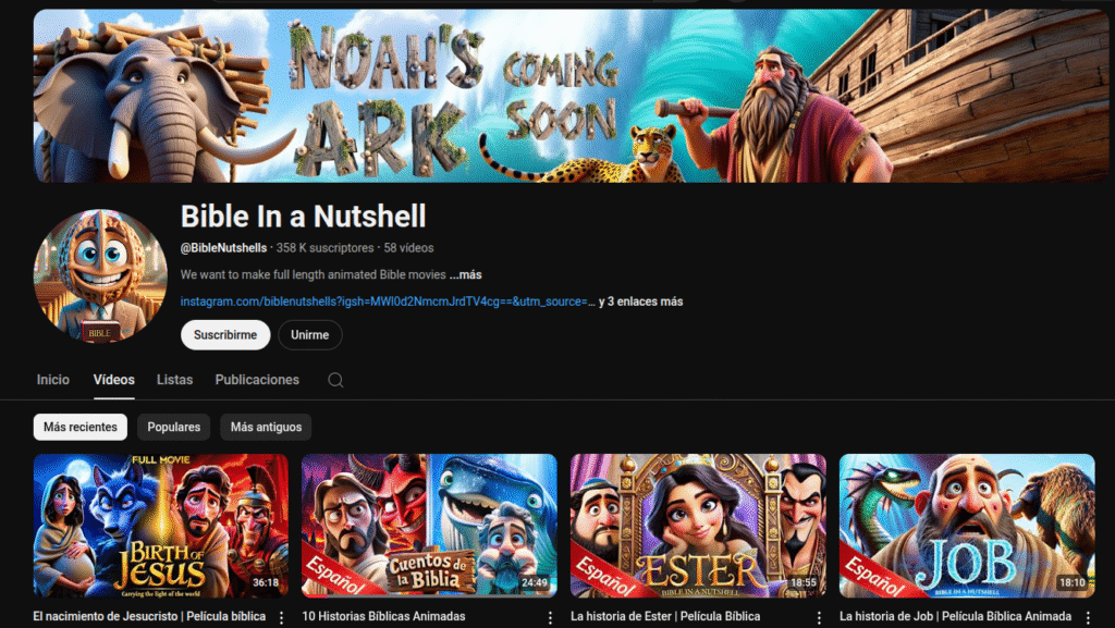 MonetizaTube Opiniones 2025: lo bueno, lo malo y si vale la pena el curso Ejemplo de canal automatizado con IA estilo Bible in a Nutshell en YouTube