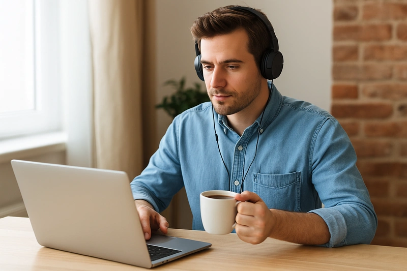 Closer de Ventas en 2025: la verdad sobre el sueldo, el futuro y cómo empezar Foto de un hombre con auriculares trabajando en remoto frente al portátil y con una taza de café en la mano, representando el trabajo de un closer de ventas en 2025