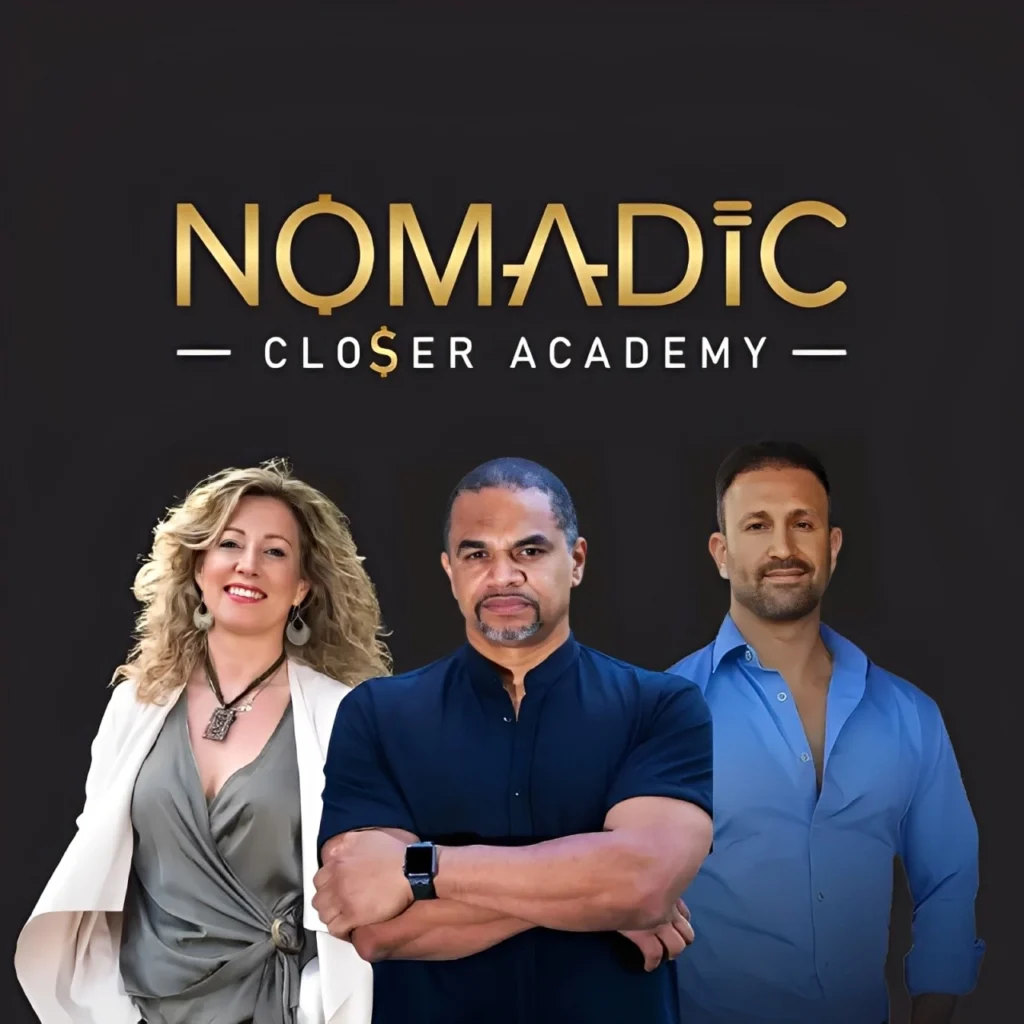 Equipo docente de Nomadic Closer Academy: Cristina Pujol, Douglexsy Morillo y Joel Elster, formadores especializados en ventas, mentalidad y persuasión