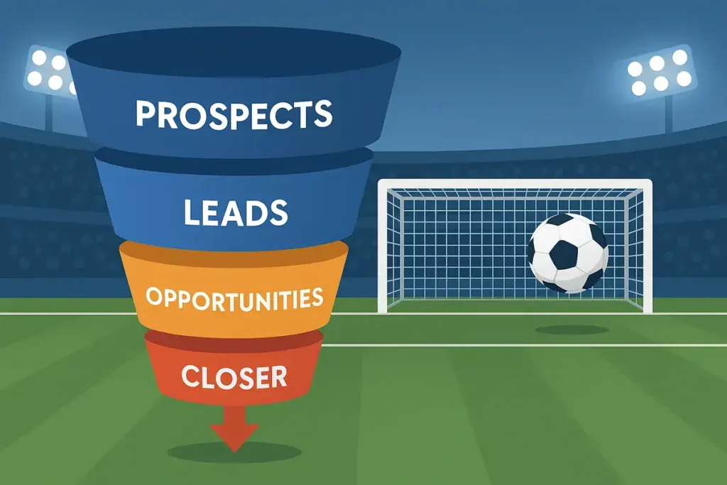 Closer de Ventas en 2025: la verdad sobre el sueldo, el futuro y cómo empezar Ilustración de un funnel de ventas con el closer en la última fase, representado como un gol en la portería de fútbol