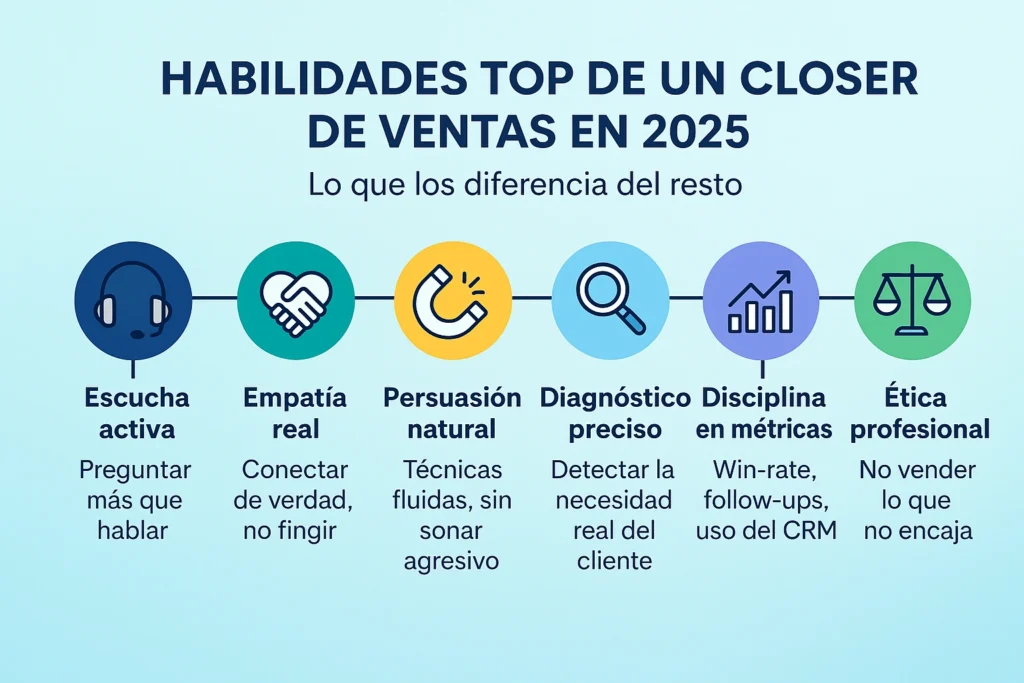 Closer de Ventas en 2025: la verdad sobre el sueldo, el futuro y cómo empezar Infografía con seis habilidades clave que diferencian a un buen closer de ventas en 2025: escucha activa, empatía real, persuasión natural, diagnóstico preciso, disciplina en métricas y ética profesional
