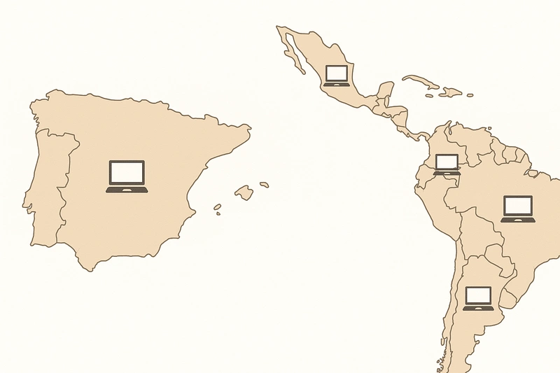 Closer de Ventas en 2025: la verdad sobre el sueldo, el futuro y cómo empezar Mapa de España y Latinoamérica con iconos de portátiles, representando las oportunidades de trabajo remoto para closers de ventas en 2025