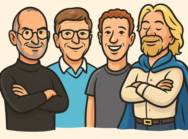 Caricatura ilustrada de Steve Jobs, Bill Gates, Mark Zuckerberg y Richard Branson juntos, representando multimillonarios que triunfaron sin terminar la carrera universitaria en 2025