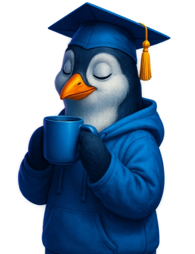 Reflexiones y más Pingüina con gorro de graduación tomando café relajada, símbolo de FormarseMola, un espacio cercano para aprender y reflexionar sobre reflexiones y artículos 2025