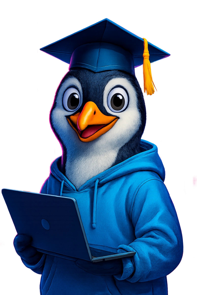 DESCUBRE LOS MEJORES CURSOS ONLINE 2025 Y DOMINA EL MUNDO DIGITAL🚀 Pingüino con gorro de graduación y portátil, mascota de Formarse Mola para aprender cursos online