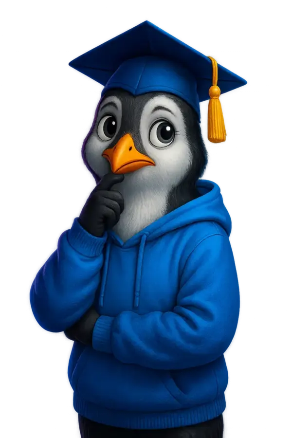 Pingüino pensativo con gorro de graduación azul eléctrico, mascota de FormarseMola, simbolizando análisis y reflexión en la formación digital