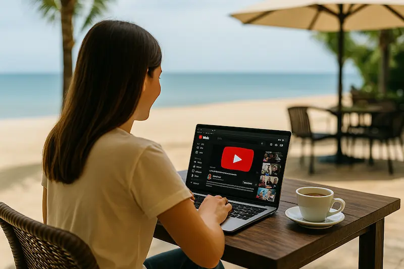 MonetizaTube Opiniones 2025: lo bueno, lo malo y si vale la pena el curso Persona trabajando con su portátil en la playa mientras gestiona un canal de YouTube