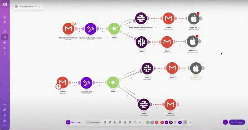 Adrián Sáenz y la nueva generación que gana dinero… pensando Automatización creada con Make para gestionar correos y notificaciones, ejemplo del enfoque práctico de Adrián Sáenz sobre automatización real.