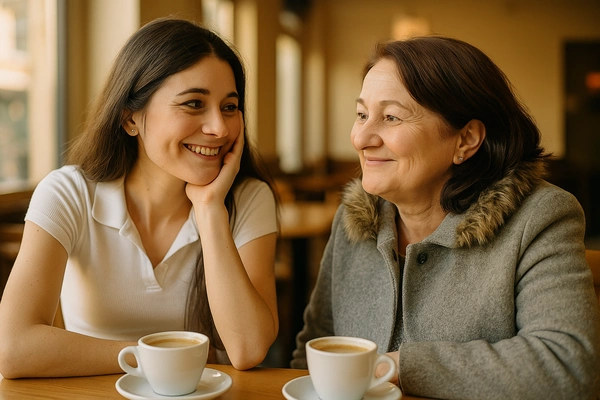 💭 Cómo pensar en grande en 2025: mentalidad de campeón para triunfar online 🚀 chica joven sonriendo con su madre en una cafetería por la mañana, luz cálida y natural