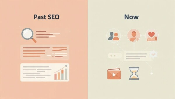 Comparación visual entre el SEO antiguo centrado en keywords y el SEO actual centrado en personas.