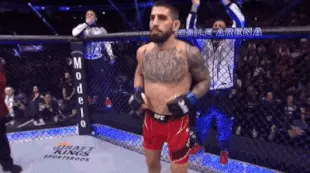 💭 Cómo pensar en grande en 2025: mentalidad de campeón para triunfar online 🚀 gif de Ilia Topuria levantando los brazos en señal de victoria dentro del octágono, representando la mentalidad de campeón y la confianza en uno mismo