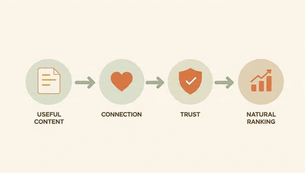 Diagrama que explica el ciclo del SEO humano 2025: contenido útil genera confianza y mejora el posicionamiento.