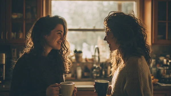 Dos hermanas charlando sobre SEO humano mientras toman café, simbolizando un enfoque cercano y real.