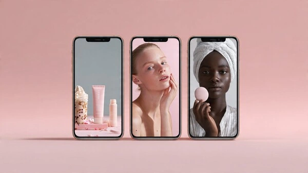 Tres anuncios creativos mostrados en tres móviles, simbolizando la diversidad visual y emocional que impulsa el nuevo algoritmo Meta Andrómeda 2025 en Facebook e Instagram Ads