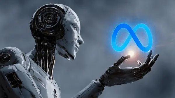 Animación de la inteligencia artificial Andrómeda observando el logo de Meta en movimiento, simbolizando la evolución de Meta Ads y la nueva era de la publicidad automatizada.