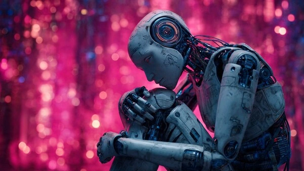 Robot pensativo representando la inteligencia artificial Andrómeda de Meta, símbolo de la unión entre creatividad humana y automatización publicitaria