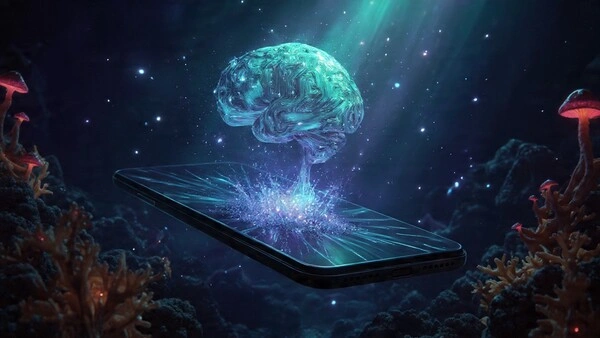 Cerebro digital emergiendo de un smartphone, simbolizando la inteligencia artificial Andrómeda de Meta que impulsa la publicidad automatizada en 2025.