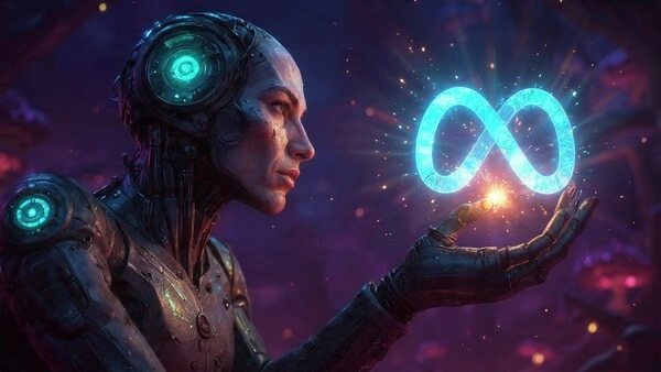 Inteligencia artificial Andrómeda de Meta sosteniendo el logo de Meta Ads en un entorno futurista, símbolo de la nueva era de la publicidad digital en 2025.