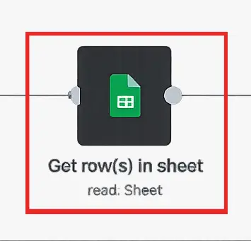 Nodo Get Row en n8n conectado a Google Sheets para leer la siguiente fila pendiente en la hoja de control
