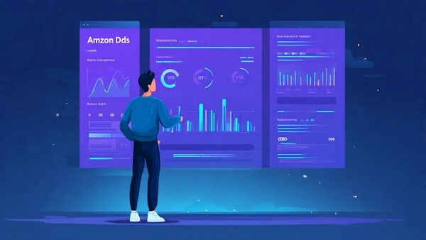 🧭 Amazon Ads 2026: guía paso a paso para lanzar tu primer producto sin arruinarte (estrategia realista) Persona observando paneles con gráficos y métricas en una pantalla azul, representando el análisis de datos y optimización de campañas en Amazon Ads.