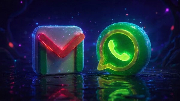 Logos de Gmail y WhatsApp brillando en un entorno digital futurista, simbolizando la importancia del email y WhatsApp marketing en 2025