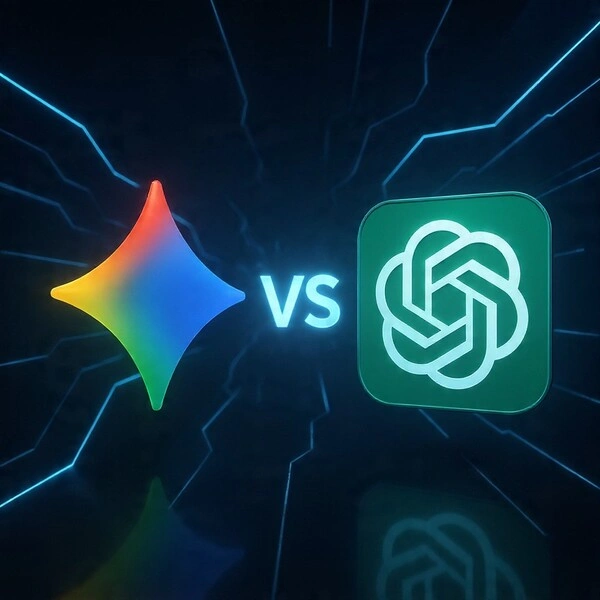 Gemini 3 Pro: El tentador definitivo que viene a liarla (sí, más que ChatGPT) Comparativa visual entre Gemini de Google y ChatGPT de OpenAI, dos potentes inteligencias artificiales enfrentadas en un entorno futurista