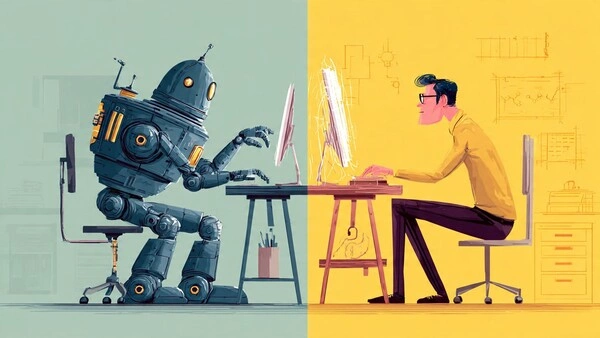 Ilustración de un robot y una persona colaborando frente a sus ordenadores, simbolizando la unión entre inteligencia artificial y creatividad humana en tendencias de marketing digital 2025
