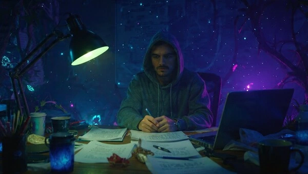 Creador digital trabajando de noche con laptop y notas, simbolizando la fusión entre lo humano y la inteligencia artificial en el marketing digital 2025