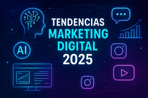Ilustración futurista con las tendencias de marketing digital 2025 simbolizando la evolución del marketing digital con inteligencia artificial y automatización.