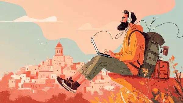 La mentira del nómada digital: lo que nadie te cuenta antes de lanzarte (2026) Ilustración de un hombre trabajando con un portátil mientras viaja, representando la visión idealizada del nomadismo digital y el trabajo remoto desde cualquier lugar