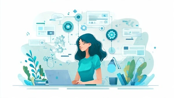 Qué negocio online montar en 2026 (y qué curso elegir sin perder dinero) Mujer creando automatizaciones digitales en su ordenador con iconos de flujos, conexiones y herramientas de IA