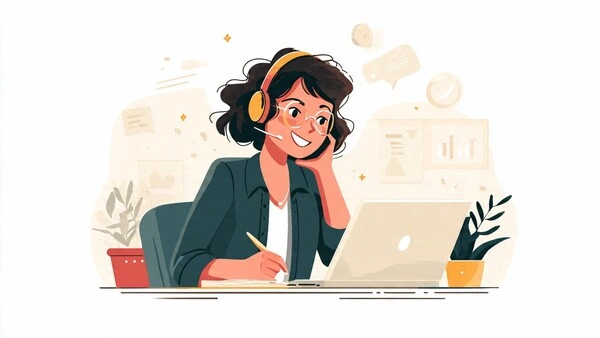 Qué negocio online montar en 2026 (y qué curso elegir sin perder dinero) Mujer en una videollamada de ventas tomando notas mientras habla con un cliente, representando el trabajo de closing y ventas digitales