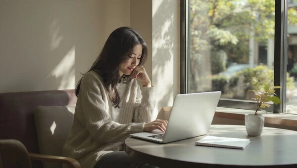 Qué negocio online montar en 2026 (y qué curso elegir sin perder dinero) Mujer joven en un café tranquila frente a su portátil, reflexionando sobre su próximo paso en un negocio digital.