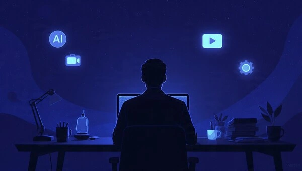 Qué negocio online montar en 2026 (y qué curso elegir sin perder dinero) Persona trabajando en silencio con el ordenador, creando contenido con IA y automatización sin mostrar su cara.