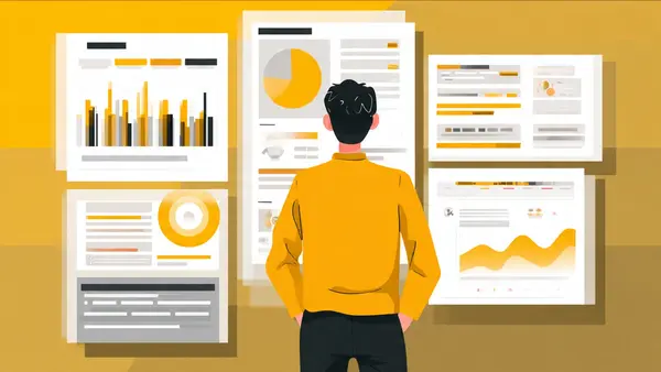 Ilustración de una persona analizando un negocio ecommerce con paneles de ventas y métricas