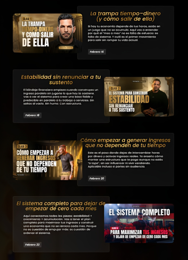 Cimientos, de Adri Kastel: lo vi tantas veces que tuve que pararme a entenderlo Estructura del entrenamiento Cimientos de Adri Kastel: sesiones sobre tiempo-dinero, estabilidad, ingresos sin depender del tiempo y sistema de ingresos