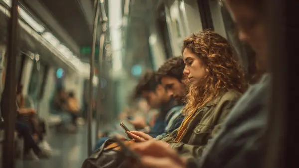 Personas usando Instagram en el Cercanías de Madrid mientras consultan el móvil
