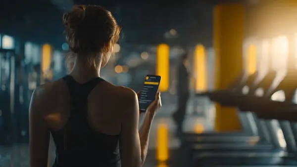 Persona mirando su móvil en el gimnasio mientras investiga qué es un partner digital y cómo ganar dinero online