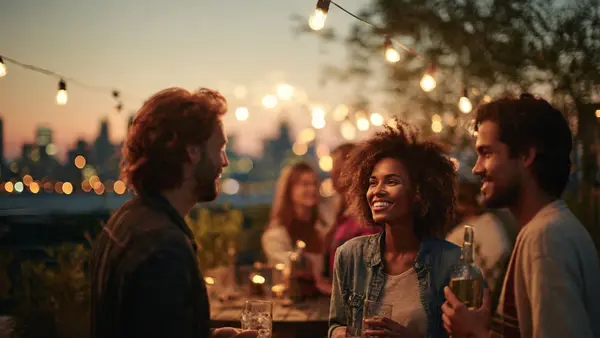 Cuatro amigos disfrutando de una conversación relajada en una terraza al atardecer, con luces brillando de fondo mientras charlan sobre Meta Ads y estrategias de marketing digital