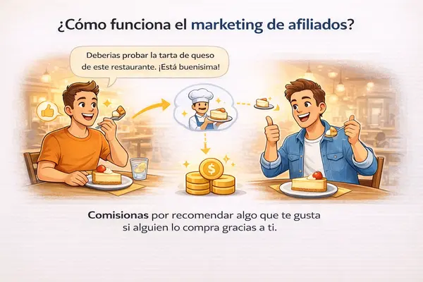 Ejemplo simple de marketing de afiliados: una persona recomienda una tarta de queso a un amigo y gana una comisión cuando este la compra