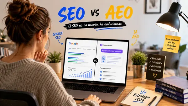 Ilustración editorial moderna para blog en formato 16:9 sobre SEO vs AEO en 2026. Una mujer joven de estilo cercano y profesional, sentada en una mesa con un portátil abierto, mirando una pantalla dividida en dos: a la izquierda aparecen resultados de búsqueda tipo Google con gráficos de tráfico orgánico, y a la derecha una interfaz de inteligencia artificial con burbujas de respuestas. Estilo visual limpio, colorido, digital y moderno, con tonos azul eléctrico, amarillo y blanco, ambiente amable y humano. Debe transmitir la idea de que el SEO no ha muerto, sino que evoluciona con la inteligencia artificial. Sin logos reales, sin texto legible, sin marcas registradas, sin aspecto corporativo frío, sin exceso de elementos